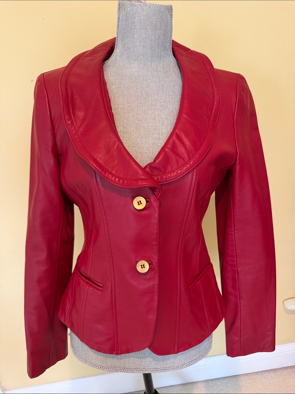 Anne Klein Red Leather Shawl-Collar Jacket